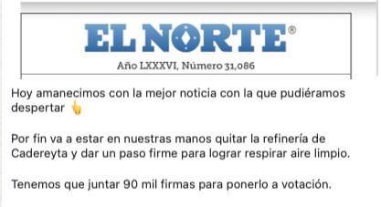 La ciudadanía regia presiona: 
1Un ciudadano somete una denuncia ante la CCA (del TMEC) por la refinería. Otra ciudadana somete a consulta pública el cierre de la refinería. Como resultado: 
La IP anuncia inviersiones para reducir la contaminación; Congreso abre mesa de debate.