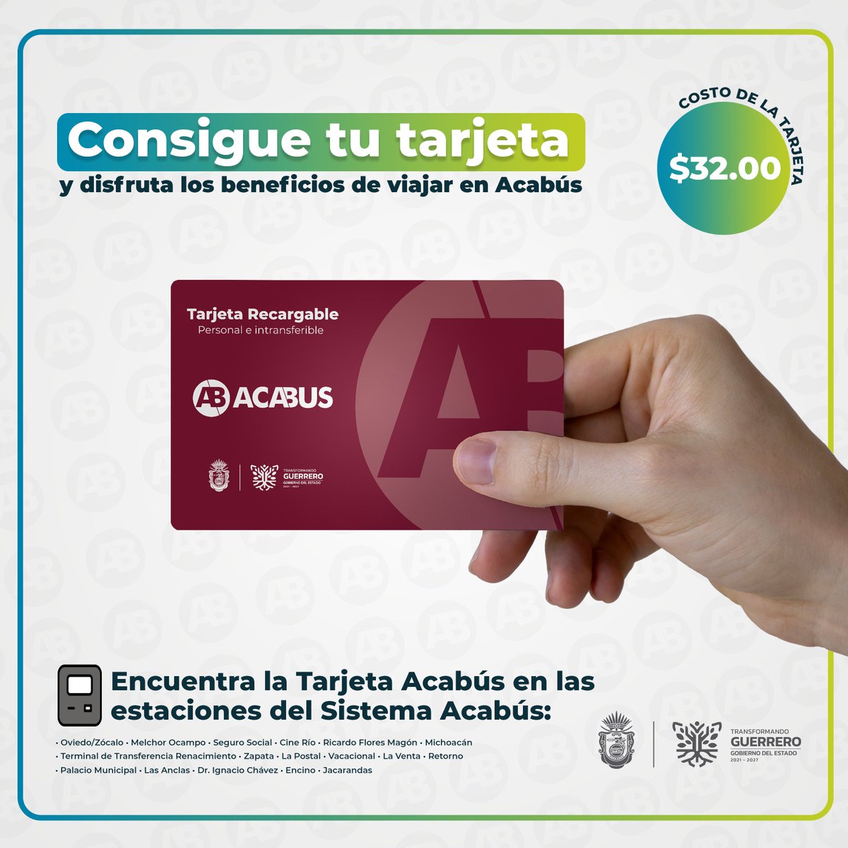 acabusoficial's tweet photo. 💲 El costo de la tarjeta #Acabus es de $32 pesos e incluye un viaje de $11 pesos. Consíguela en los Kioskos de Venta y Recarga (KVR) disponibles.
(Recuerda que las tarjetas están sujetas a disponibilidad, mantente al pendiente para poder encontrarla)
#ViajaMásConAcabús 🚍 https://t.co/oRRj6T4qY7