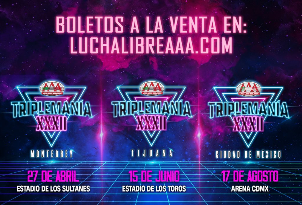 De la mano de nuestros aliados @SultanesOficial @TorosDeTijuana y @ArenaCdMexico presentamos las fechas y sedes de #TriplemaniaXXXII Los boletos ya están disponibles en luchalibreaaa.com