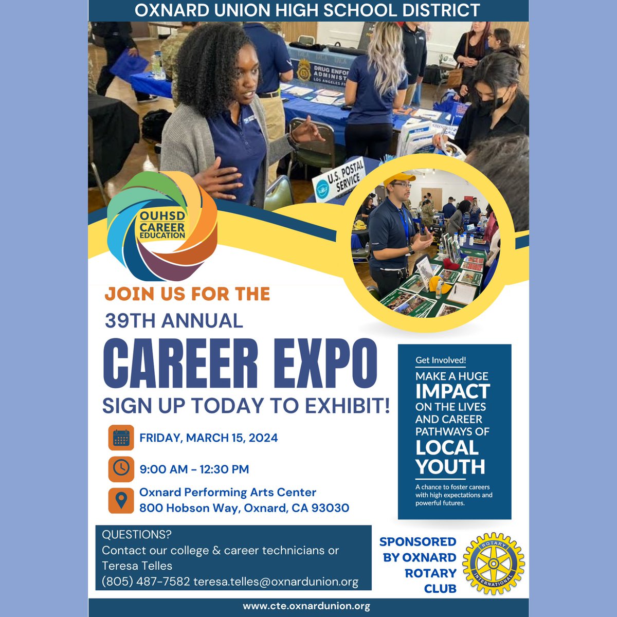 Attention youth employers, youth organizations, trade schools and more! Sign up today for a booth at our 39th Annual Career Expo! This event is FREE and will have over 600 Junior & Senior students from all of @oxnardunion High schools! Please email or call Teresa Telles