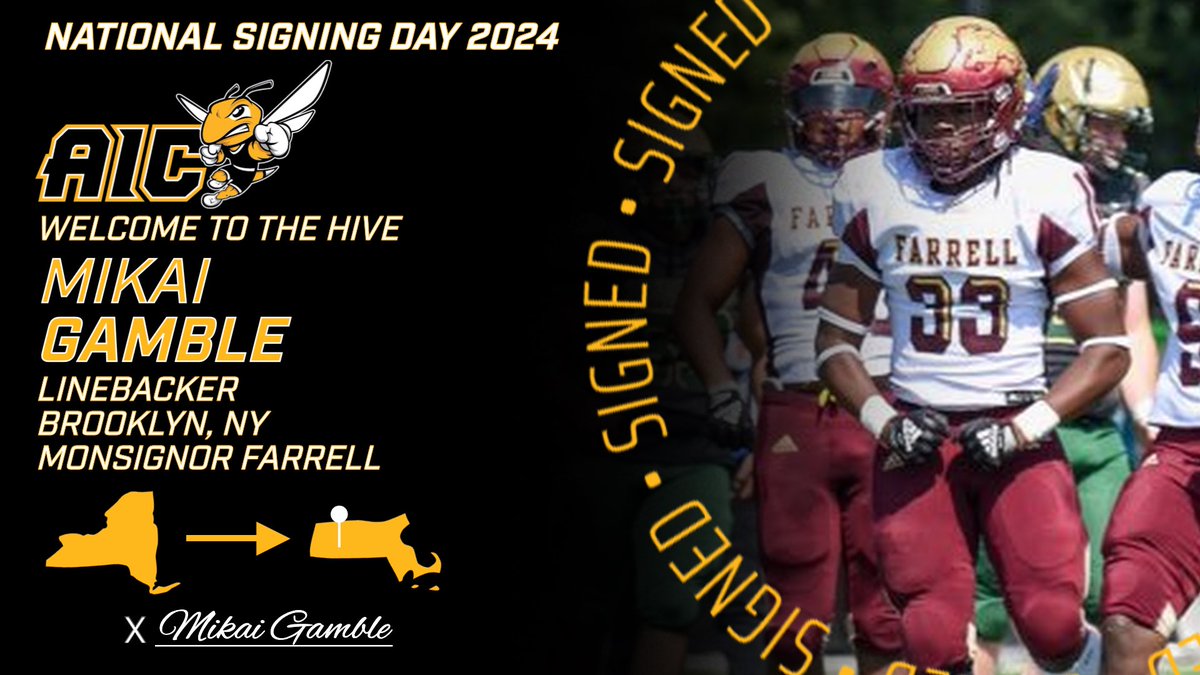 AIC FB (@aicfootball) on Twitter photo Welcome to State Street!
✍🏼| Mikai Gamble
📱| <a href="/mikai_gamble/">Mikai Gamble</a>
📍| Monsignor Farrell HS (NY)
🚨| Linebacker
📋| 6’0” 215
🎥| bitly.ws/3cETE
#AICommitted | #NSD24 | #OneHiveOneFamily Welcome to State Street!
✍🏼| Mikai Gamble
📱| <a href="/mikai_gamble/">Mikai Gamble</a>
📍| Monsignor Farrell HS (NY)
🚨| Linebacker
📋| 6’0” 215
🎥| bitly.ws/3cETE
#AICommitted | #NSD24 | #OneHiveOneFamily