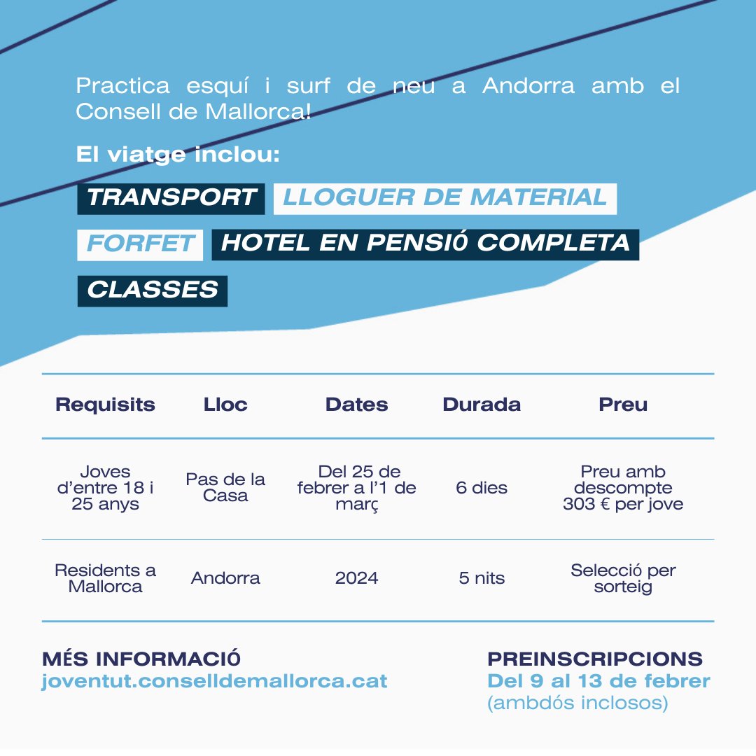 ConselldeMca's tweet photo. ⛷️ El Consell de Mallorca organitza i subvenciona en un 70% un viatge a la neu per a persones joves! 

Quan? Del 25 de febrer a l'1 de març de 2024.

📅 Termini de sol·licitud: del 9 al 13 de febrer (ambdós dies inclosos).

Gaudeix de l'experiència! 
🧷https://t.co/8OViW4zTvZ https://t.co/UAhbgbOYZk