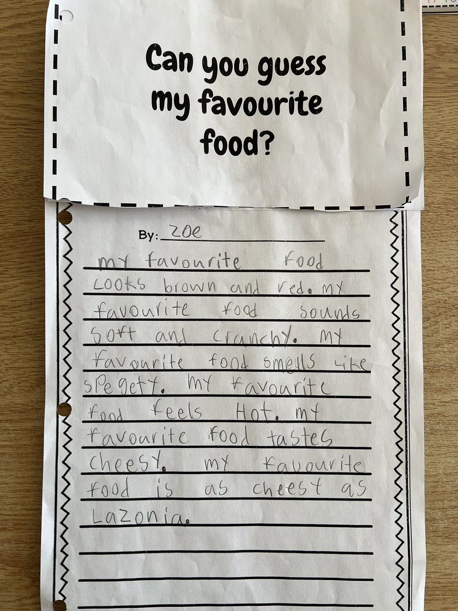 Mjariam1's tweet photo. We are learning how to make our writing more descriptive by using the 5 senses and similes. Can you guess their favourite food before looking at the picture? #grade1 #descriptivewriting @yrdsb @YRDSBCECEast #SoR https://t.co/sEs36wfb30