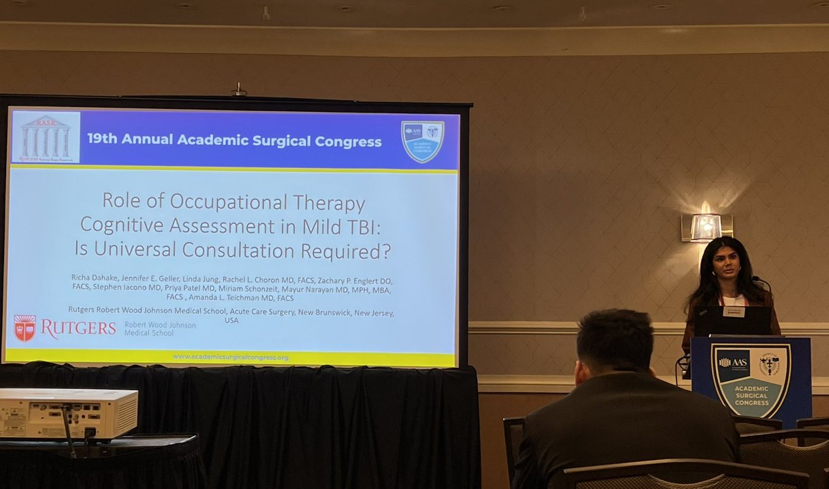 Shoutout to @RWJMS M2 Richa Dahake for presenting our project identifying that OT Cognitive assessment for mTBI is associated with longer hospital stays, and future work needs to focus on who will benefit from consultation at #ASC2024 We are cheering on from afar! 🧠✨