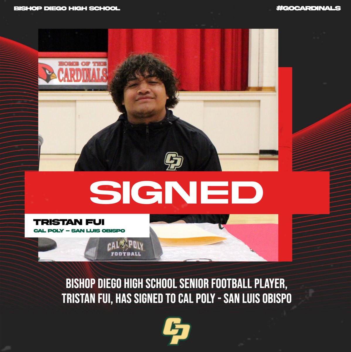 Signing Day 2024 | Congratulations to Tristan Fui for signing his National Letter of Intent to play Division 1 football 🏈 at Cal Poly - SLO. We are proud of this young man and his accomplishments both on the field and in the classroom! #GoCardinals #RideHigh