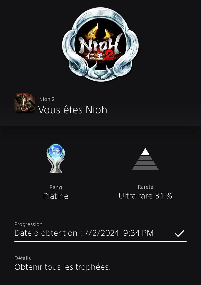 Platine n° 203 : Nioh 2 128h de jeu, un peu trop de farm pour les arts mystiques mais un plaisir toujours intact. #Nioh2