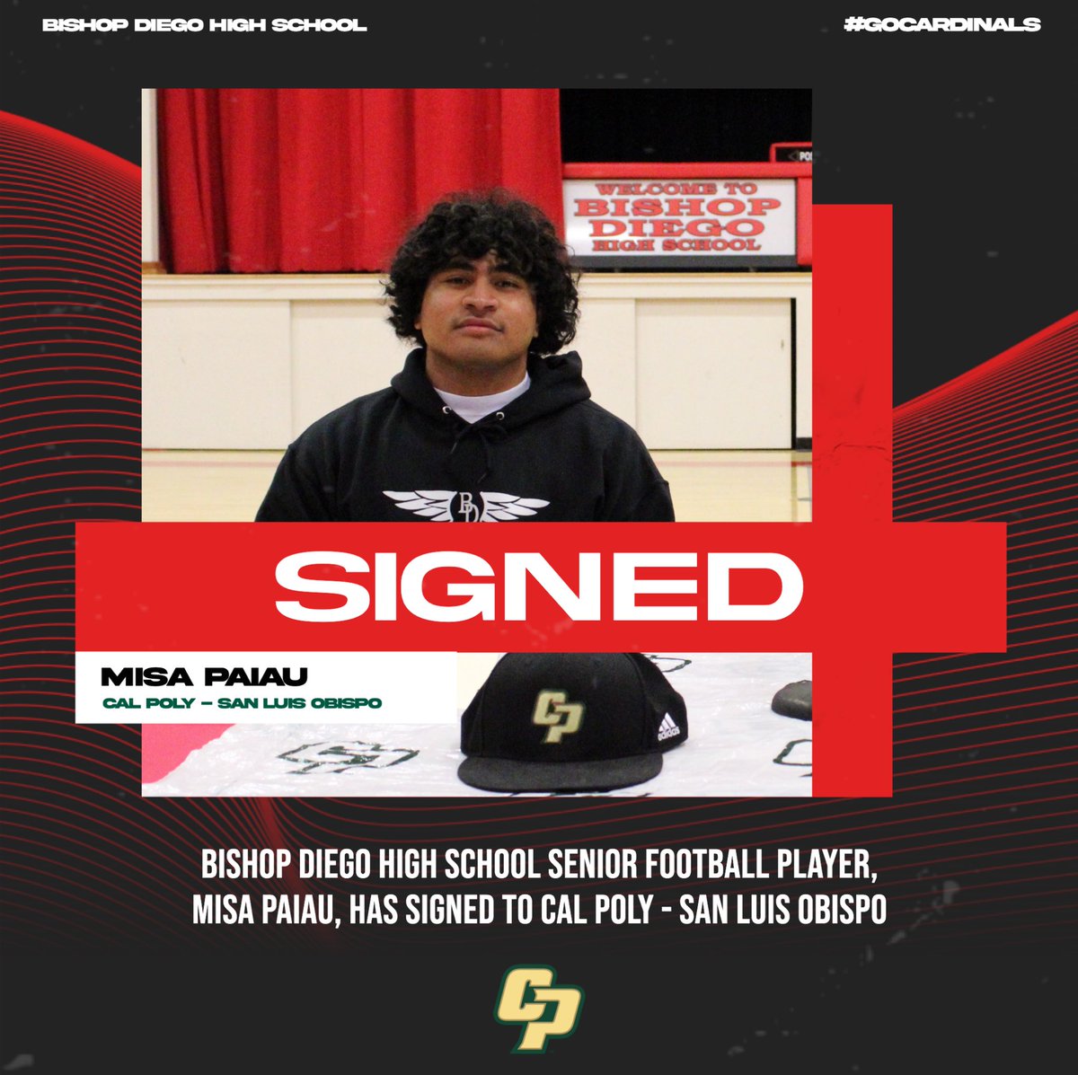 Signing Day 2024 | Congratulations to Misa Paiau for signing his National Letter of Intent to play Division 1 football 🏈 at Cal Poly - SLO. We are proud of this young man and his perseverance and dedication to the Bishop Diego community! #GoCardinals #RideHigh