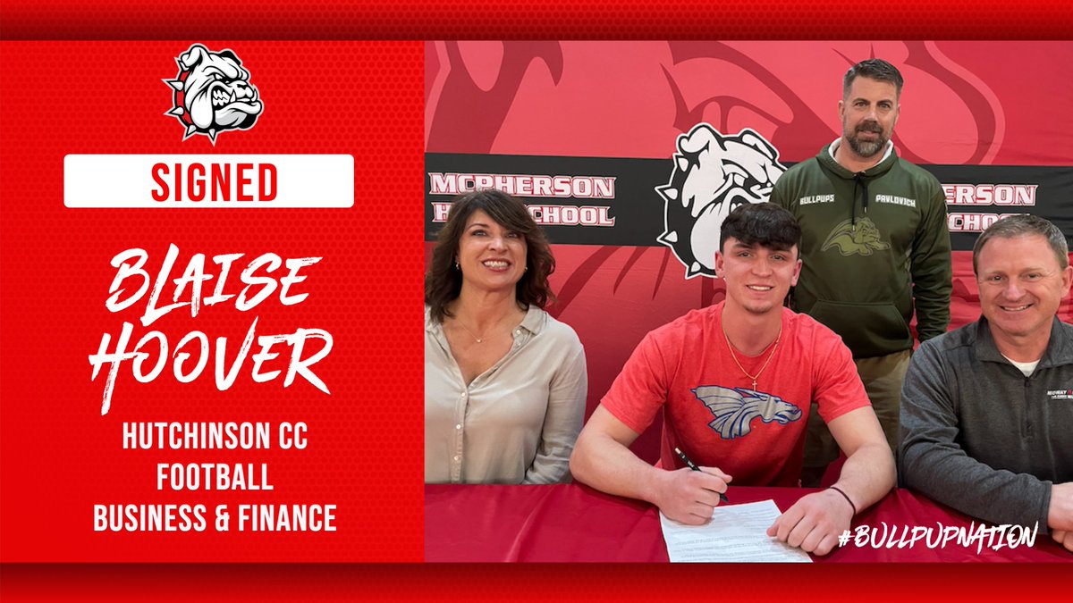 MHSBullpups's tweet photo. Congratulations to Blaise Hoover, who signed today with Hutchinson Community College to continue his education and football career! #bullpupnation https://t.co/h8fNBESNER