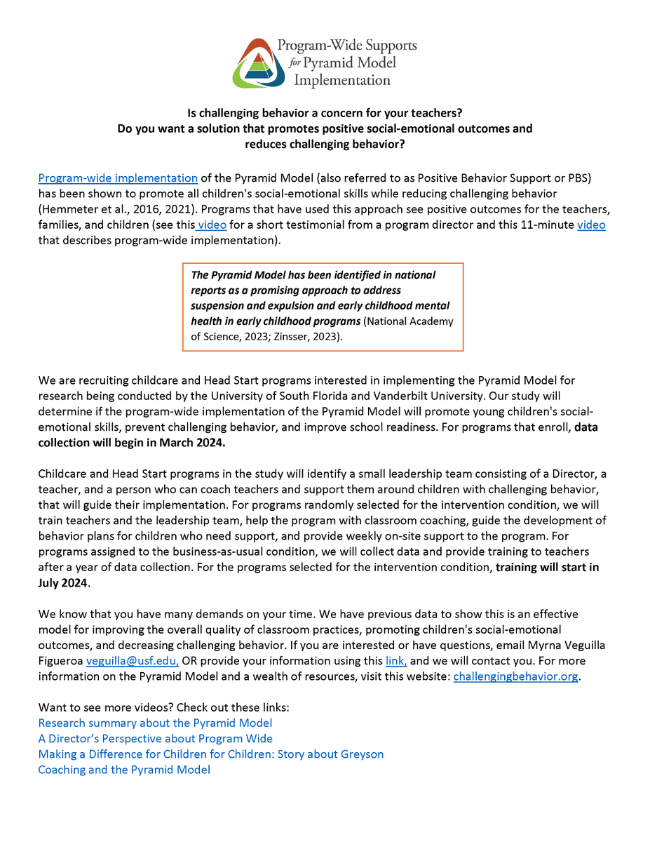 PyramidModel's tweet photo. Is challenging behavior a concern for your teachers?
Do you want a solution that promotes positive social-emotional outcomes and reduces challenging behavior? More on Facebook: https://t.co/U45nunJ3lZ or download the flyer.
#PyramidModel #ChildCare #HeadStart #ChallengingBehavior https://t.co/NvdnnVSHr5