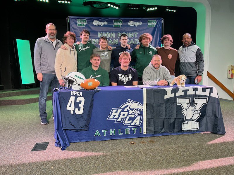 HPCAFootball's tweet photo. 🚨National Signing Day Alert 🚨 

Mack Johnson officially signs his NLI with the University of Yale!

Congratulations @Big_Mack__ 

@yalefootball is getting a DAWG!

#IvyDAWG 
#YaleYeah
#RecruitHPCA https://t.co/xC8DMn0rF6
