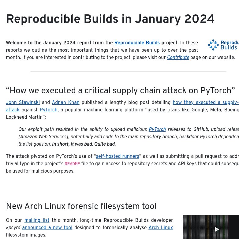 ReproBuilds's tweet photo. Read what's been going on during January in the world of @ReproBuilds 💠💠💠 https://t.co/M7HURy9CnM @openSUSE @archlinux @debian @conservancy @lolamby @OpenTechFund @nixos_org @guixhpc @fosdem  etc. etc. https://t.co/HoULt0pgm9