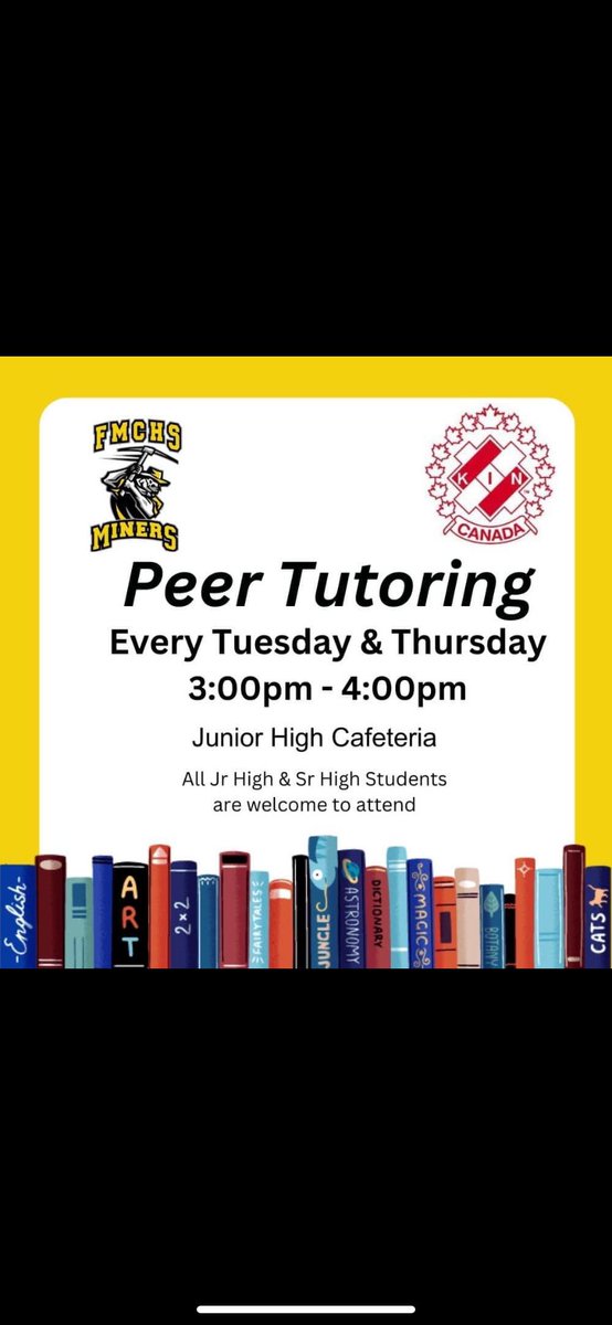 REMINDER: Kinsmen Peer Tutoring every Tuesday and Thursday from 3:00 - 4:00pm.  All of our students are welcome to attend. <a href="/CompMinerTweets/">Composite High</a> <a href="/FMPSD/">Fort McMurray Public School Division</a>
