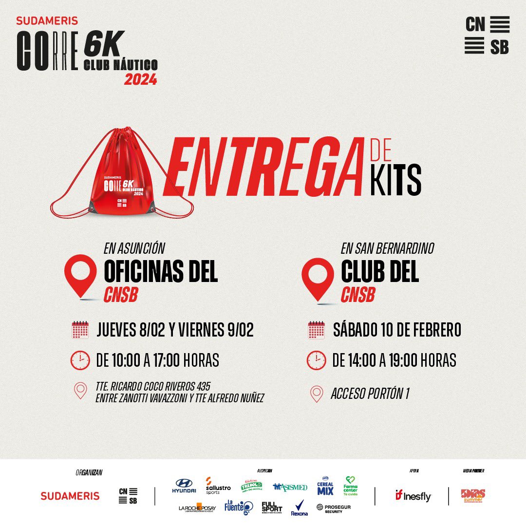 A partir de mañana ya podes pasar a retirar tu súper kit de Sudameris Corre 6K 🛍️🤩🙌🏼

Retíra tu kit el jueves 08 y viernes 09 en la oficina del CNSB (Tte. Ricardo Coco Riveros 435) 📍👍🏻

Y el sábado 10 en frente al Club Náutico de San Bernandino 🛳️⛱️😎