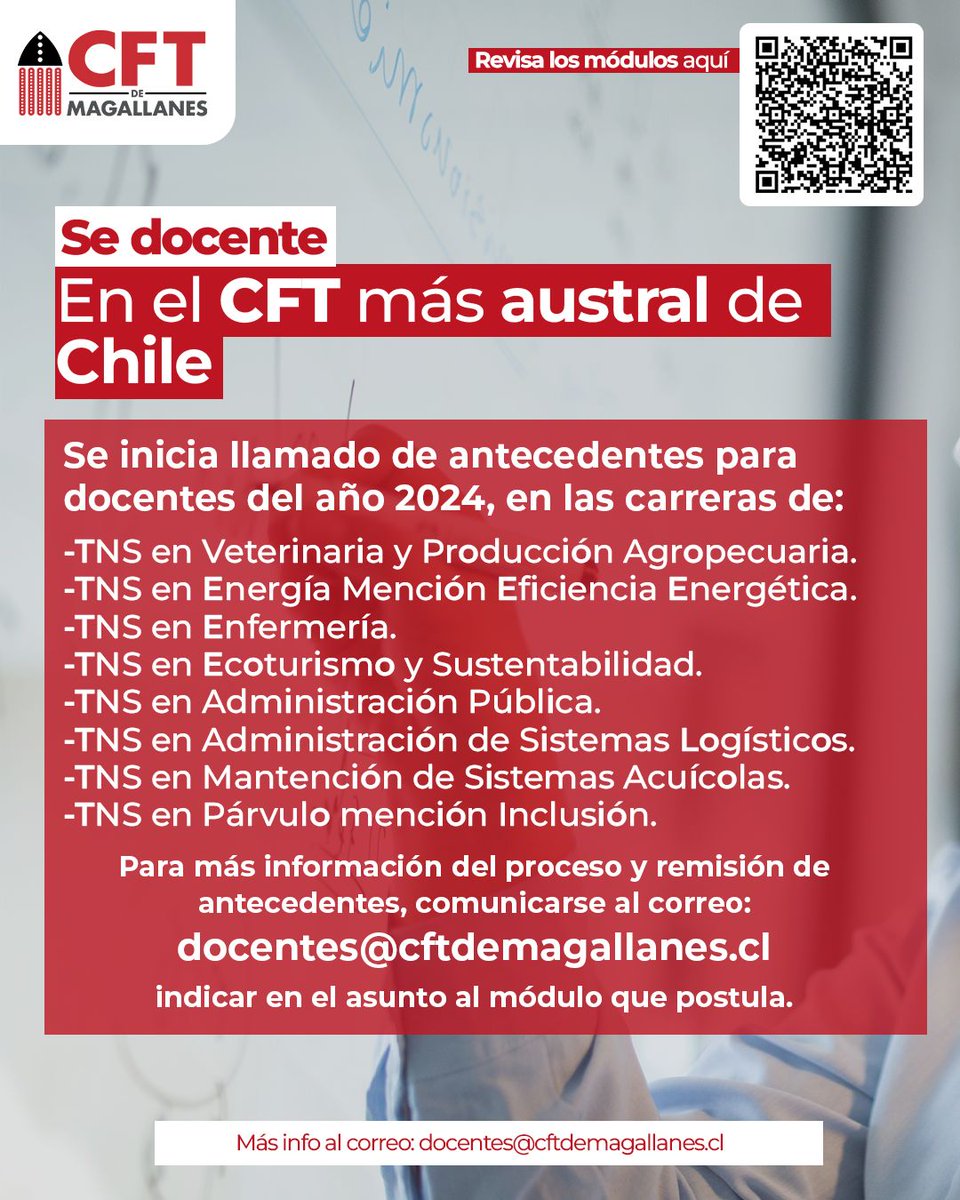 📢 ¡Postula para ser docente en el CFT más austral de Chile! 🎓 Revisa las carreras y módulos disponibles en: cftdemagallanes.cl/postulacion-do…. 📚 Más información: docentes@cftdemagallanes.cl 📧. ¡Esperamos tu postulación!