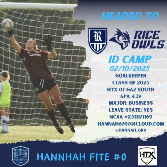Hannah Fite (@hannah_gk0) on Twitter photo Excited to attend the <a href="/RiceSoccer/">Rice Soccer</a> ID camp this Saturday! <a href="/ImYouthSoccer/">ECNL/GA/Recruiting/College Soccer</a> <a href="/PrepSoccer/">Prep Soccer ⚽️</a> <a href="/G2CollegeSoccer/">Go 2 College Soccer</a> <a href="/TopDrawerSoccer/">TopDrawerSoccer</a> @SoccerMomInt <a href="/SSN_NCAASoccer/">Sidelines - College Soccer</a> <a href="/CollegeSoccerID/">College Soccer ID</a> <a href="/Don_K_Williams/">Don Williams</a> <a href="/Kingwood_Soccer/">Kingwood Soccer (W)</a> <a href="/HTXSoccer/">HTX Soccer</a> Excited to attend the <a href="/RiceSoccer/">Rice Soccer</a> ID camp this Saturday! <a href="/ImYouthSoccer/">ECNL/GA/Recruiting/College Soccer</a> <a href="/PrepSoccer/">Prep Soccer ⚽️</a> <a href="/G2CollegeSoccer/">Go 2 College Soccer</a> <a href="/TopDrawerSoccer/">TopDrawerSoccer</a> @SoccerMomInt <a href="/SSN_NCAASoccer/">Sidelines - College Soccer</a> <a href="/CollegeSoccerID/">College Soccer ID</a> <a href="/Don_K_Williams/">Don Williams</a> <a href="/Kingwood_Soccer/">Kingwood Soccer (W)</a> <a href="/HTXSoccer/">HTX Soccer</a>