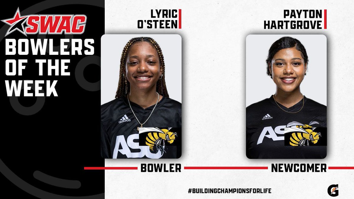 Feb. 7 | SWAC Bowler of the Week 🎳

<a href="/Gatorade/">Gatorade</a>

BOWLER: @bamastatesports Lyric O’Steen

NEWCOMER: @bamastatesports Payton Hartgrove

#SWACBOWL | #BuildingChampionsForLife