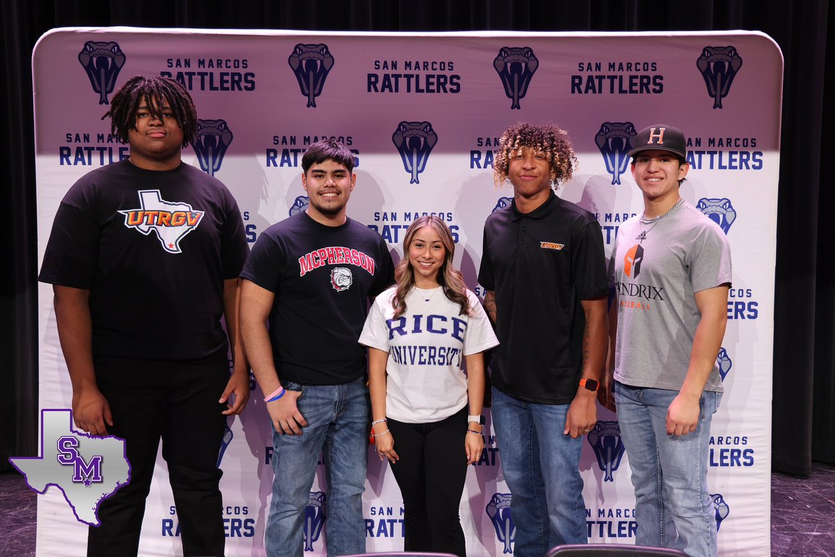 SanMarcosCISD's tweet photo. Congratulations to Brenden Jones, Logan Luna, Rosario Castro-Rosas, Tony Diaz and Dylan Nunez for signing to play &amp; perform at the next level. #SMCISD wishes you each the best! More about their individual goals in this week’s #RattlerRecap. https://t.co/nbdcuT7A3j