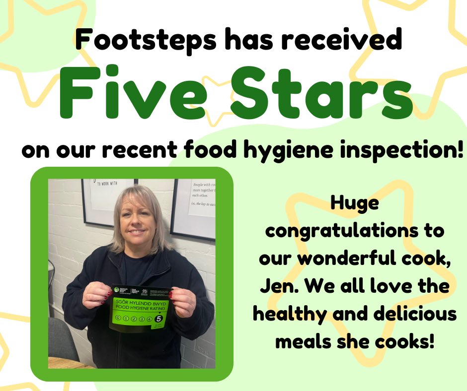 Footsteps_wales's tweet photo. 👀 Look who has 5 stars! 👀
Congratulations to our amazing cook, Jen, who has secured our 5 star hygiene rating at our unannounced inspection. A big thank for making sure our high standards are maintained and for keeping everyone fed with healthy, delicious meals. Diolch 🤩 https://t.co/BkVmMtIC7F