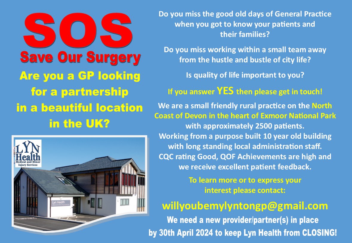 Looking for a GP who would like to move to #ExmoorNationalPark #Lynton in #NorthDevon. Practice has 2500 patients and an enthusiastic, friendly and loyal admin team. If you are a GP looking for an opportunity to relocate to a stunning area please get in touch, details below;