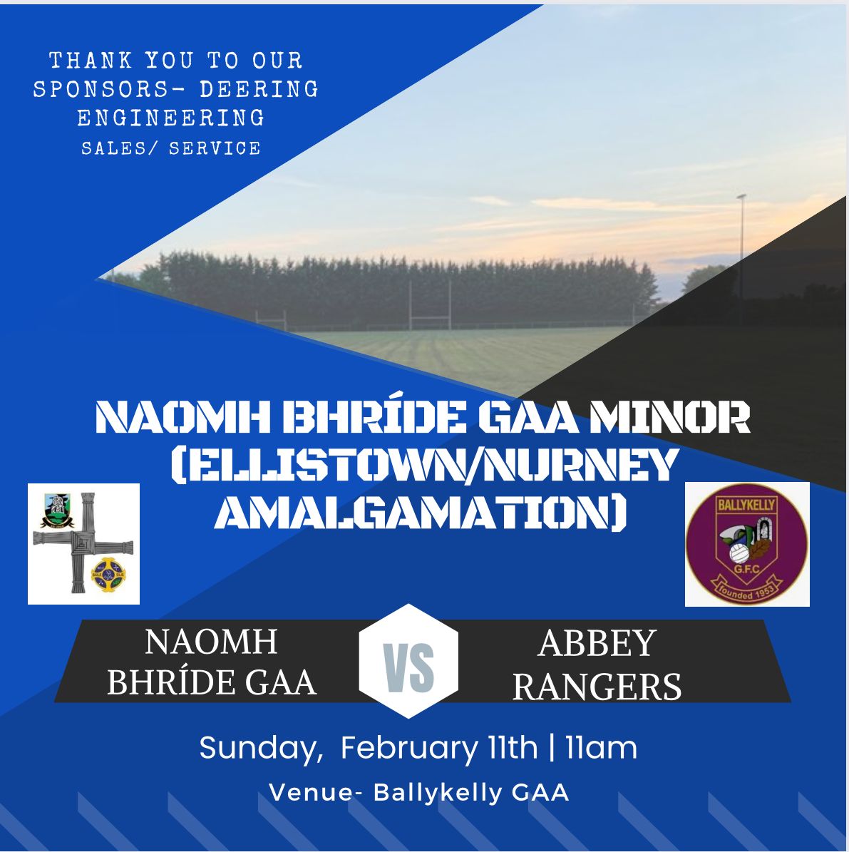The football season is back on Sunday! Naomh Bhríde v Abbey Rangers, in Ballykelly, 11am throw in. Please come out and support the lads on this exciting new venture for the club!
#ellistowngaa #kildaregaa #naomhbhríde