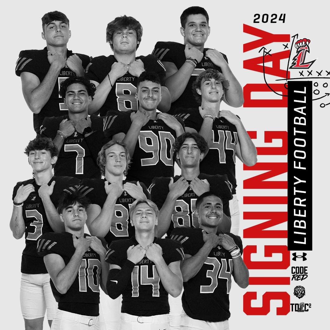 It’s National Signing Day! Congratulations Ryan Wolfer, Navi Bruzon, Kaden Haeckel, Ryan Jezioro, Braylon Gardner, Keaton Stam, Zane Tallman, Kruse Redding, Nick Zook, Jacob Dominguez, Chris McKivitz, Travis Rinehart. We Are Liberty Football! #liberty #libertylionsfootball