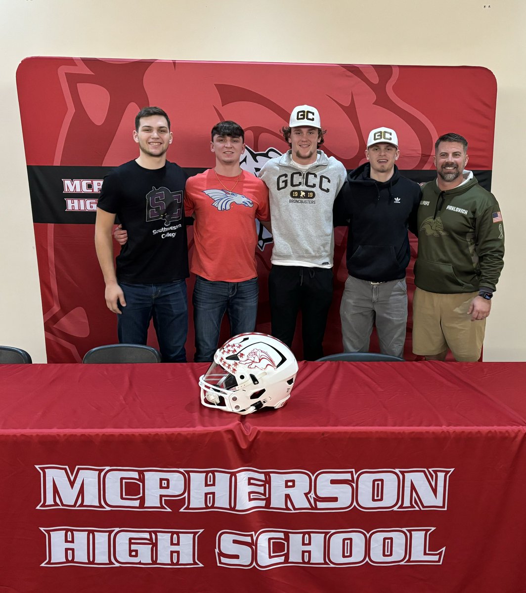 McPhersonHSFB's tweet photo. Always an extra special day when you get to see young men from your program chase their dreams of playing at the next level. 

Congratulations to Gavin, @HooverBlaise, @teeganhaines, and @schriner_jayce on taking the step to the next level! Go be great! https://t.co/fH0Byji0jJ