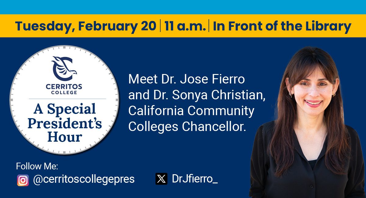 Special President’s Hour with @CalCommColleges Chancellor Dr. Sonya Christian and @DrJfierro_ Take a moment to share what's on your mind with Dr. Christian and Dr. Fierro. No appointment necessary. Tue., Feb. 11 a.m. in front of the Library.