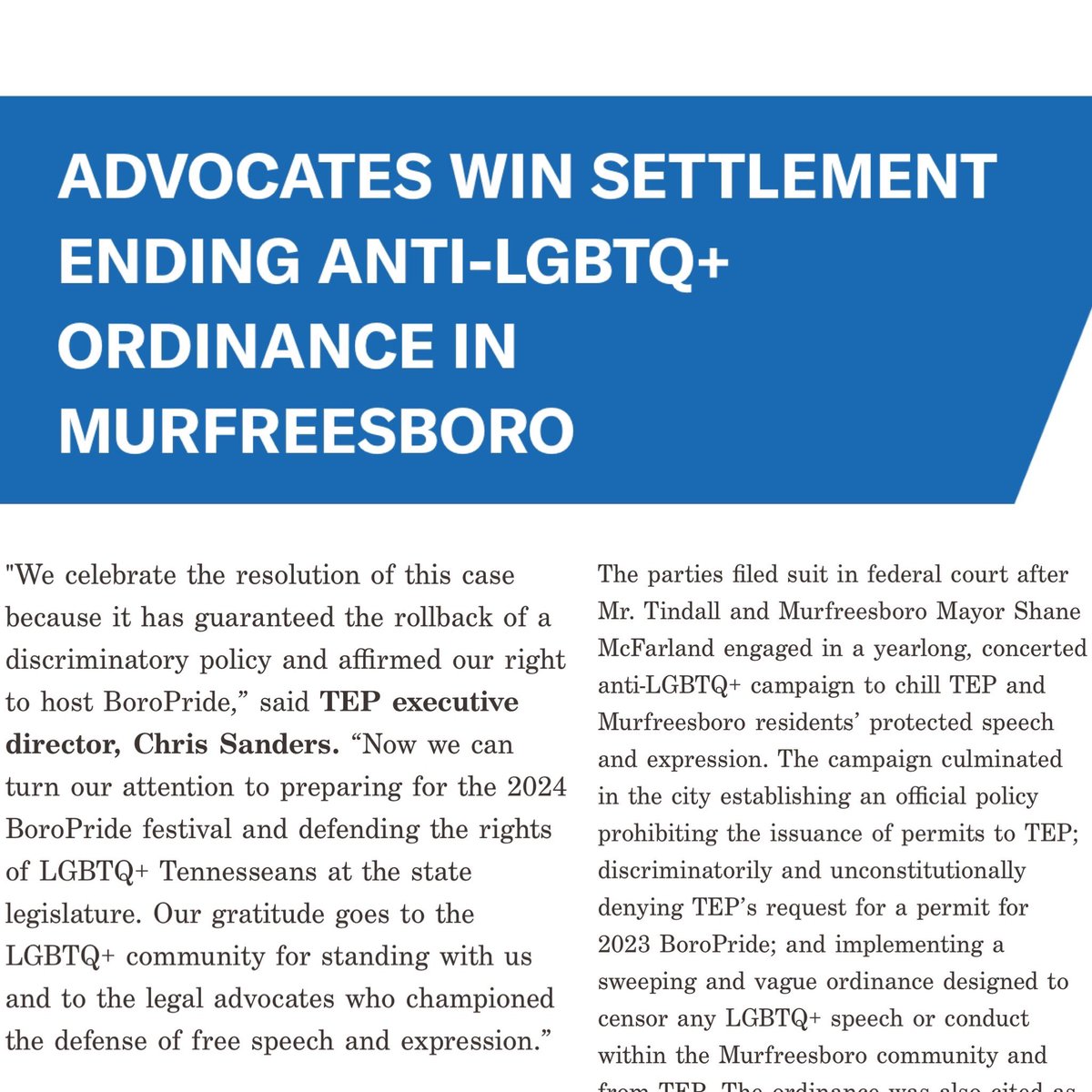 STATEMENT from <a href="/tnequality/">TN Equality Project</a> on winning the settlement against Murfreesboro: "We celebrate the resolution of this case… Now we can turn our attention to preparing for the 2024 BoroPride and defending rights at the state legislature.” live-aclu-tennessee.pantheonsite.io/en/press-relea…