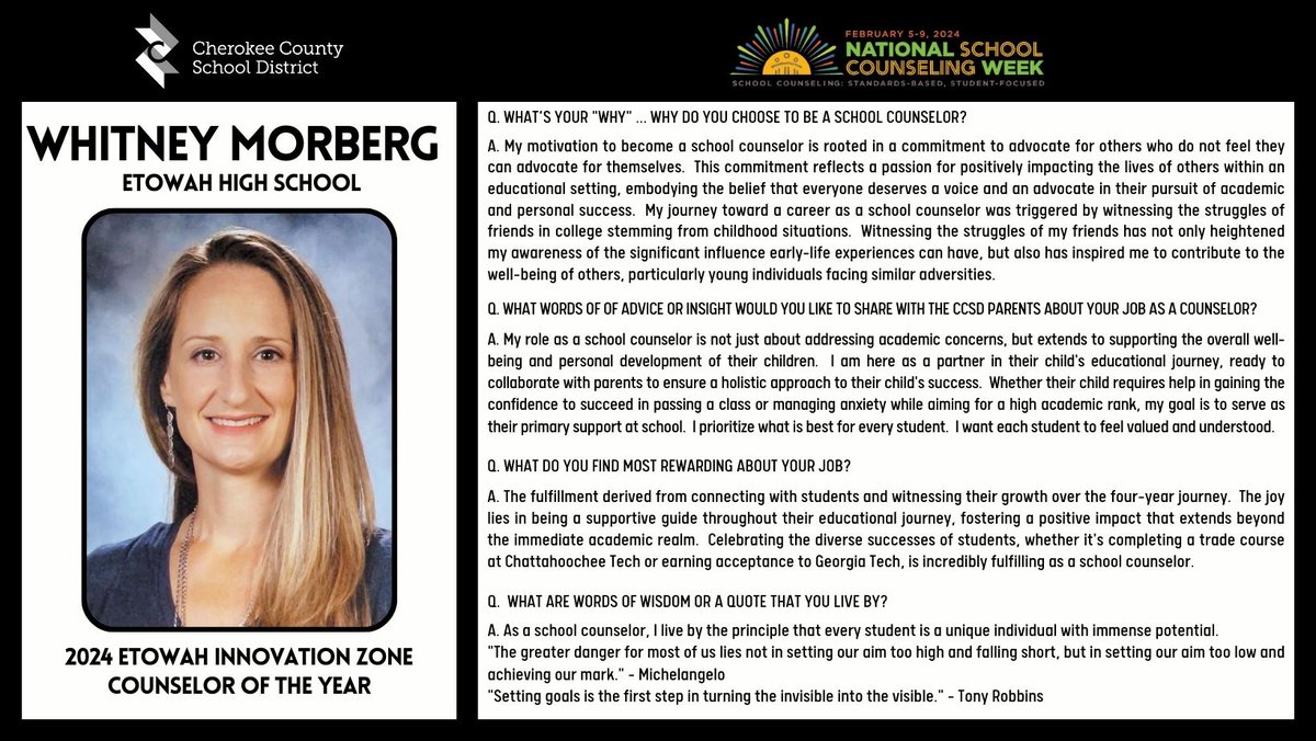 CherokeeSchools's tweet image. It’s National School Counseling Week ... the perfect week to announce CCSD’s 2024 Innovation Zone Counselors of the Year!  Stay tuned this week as we highlight each winner.  Thank you to all CCSD counselors for the impact you make in our community! #CCSDfam #CCSDcares #NSCW2024
