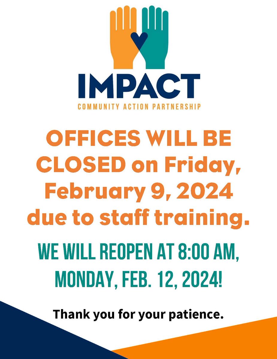 IMPACT_CAP's tweet image. All IMPACT offices will be closed to families and intake services on Friday, February 9 due to staff training. But there the doors will be open for families to use the “Anytime Shelves.” Thank you for your understanding and support. impactcap.org