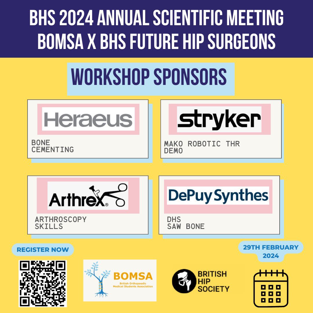 British Orthopaedic Medical Students Association (@bomsa_uk) on Twitter photo We are excited to announce our sponsors for the BOMSA x <a href="/BritishHip/">British Hip Society</a> Future Hip Surgeons Stream - their support is invaluable to our goal of improving medical student education of and participation in orthopaedics! We are excited to announce our sponsors for the BOMSA x <a href="/BritishHip/">British Hip Society</a> Future Hip Surgeons Stream - their support is invaluable to our goal of improving medical student education of and participation in orthopaedics!