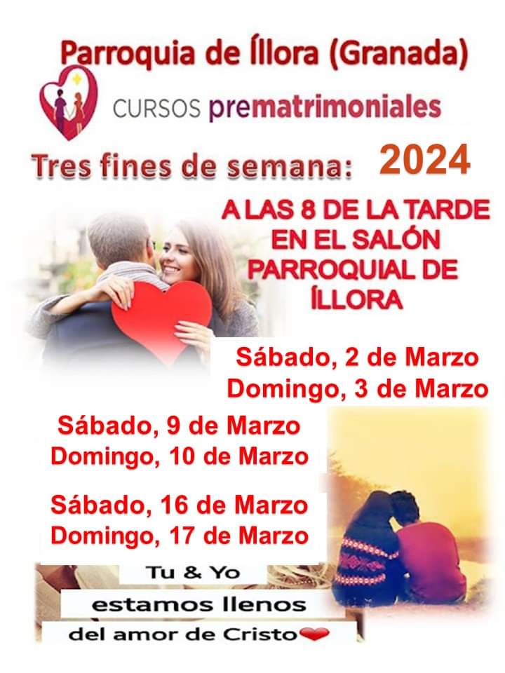 josedeillora's tweet photo. El primer fin de semana de Marzo, vamos a comenzar en la Parroquia de Íllora, un nuevo Cursillo de preparación al matrimonio, para parejas de novios.

Se desarrollará en tres fines de semana, a partir de las 8 de la tarde, en el Salón Parroquial de Íllora.
Teléfono 659826725. https://t.co/kCp4RADYOP
