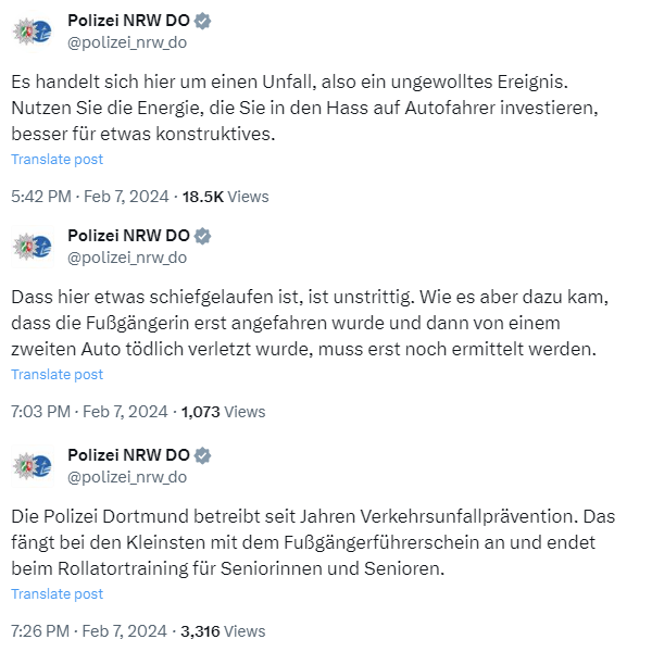 ChrischmiDE's tweet photo. Unfassbare Antworten der Dortmunder Rennleitung zu Kritik an ihrem täglichen Raserservice und zu einem tödlichen Verkehrsunfall auf einem Zebrastreifen, bei dem eine Fußgängerin von einer Autofahrerin erst umgefahren und dann von einem anderen Autofahrer überfahren wurde. https://t.co/lmEqx1tbdY