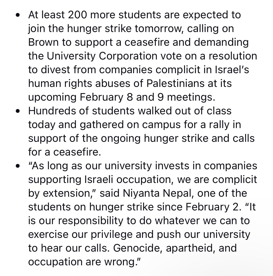 prem_thakker's tweet image. Over 200 Brown University students are expected to join a hunger strike tomorrow.

They will join 19 students who began striking 6 days ago, demanding the university call for a ceasefire and divest from “companies which profit from human rights abuses in Palestine.”