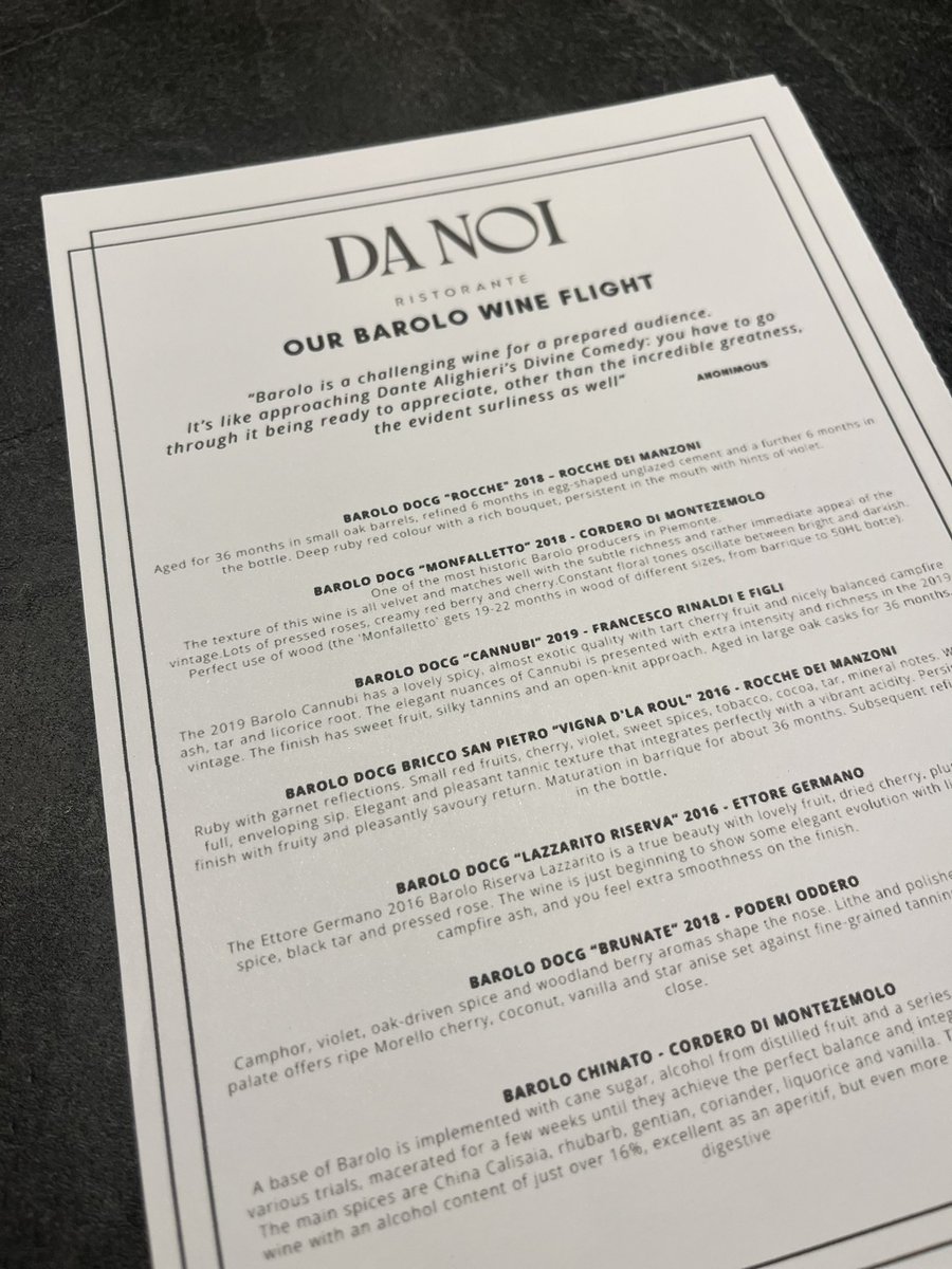 Da Noi Chester (@danoichester) on Twitter photo “Barolo is a challenging wine for a prepared audience. It’s like approaching Dante Alighieri’s Divine Comedy: you have to go through it being ready to appreciate, other than the incredible greatness, the evidence surliness as well.”
New from Friday night.
#Barolo #wineflight “Barolo is a challenging wine for a prepared audience. It’s like approaching Dante Alighieri’s Divine Comedy: you have to go through it being ready to appreciate, other than the incredible greatness, the evidence surliness as well.”
New from Friday night.
#Barolo #wineflight