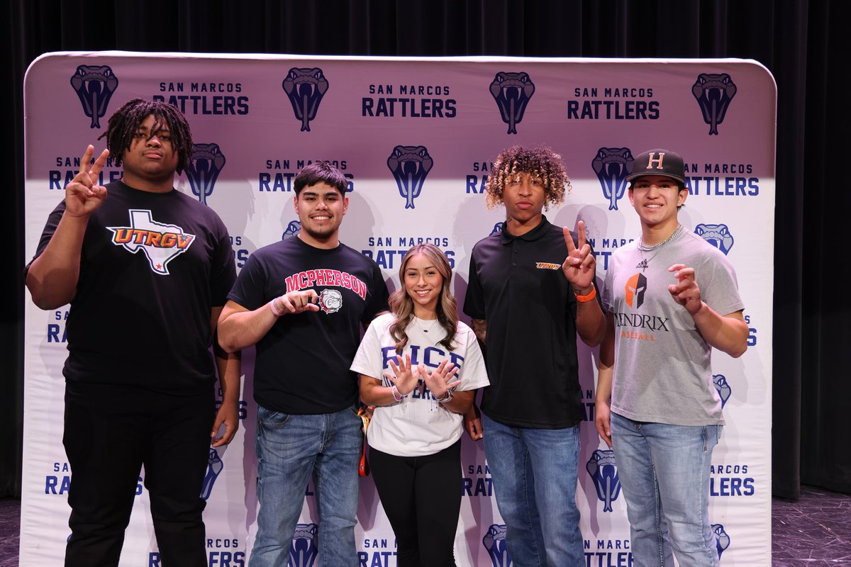 Congratulations to Brenden Jones <a href="/UTRGVFootball/">UTRGV Football</a> , Logan Luna <a href="/Mac_College/">McPherson College</a> , Rosario Castro-Rosas <a href="/RiceUniversity/">Rice University</a> , Tony Diaz <a href="/UTRGVFootball/">UTRGV Football</a> and Dylan Nunez <a href="/HendrixWarriors/">Hendrix Warriors</a> for signing to play &amp; perform at the next level.