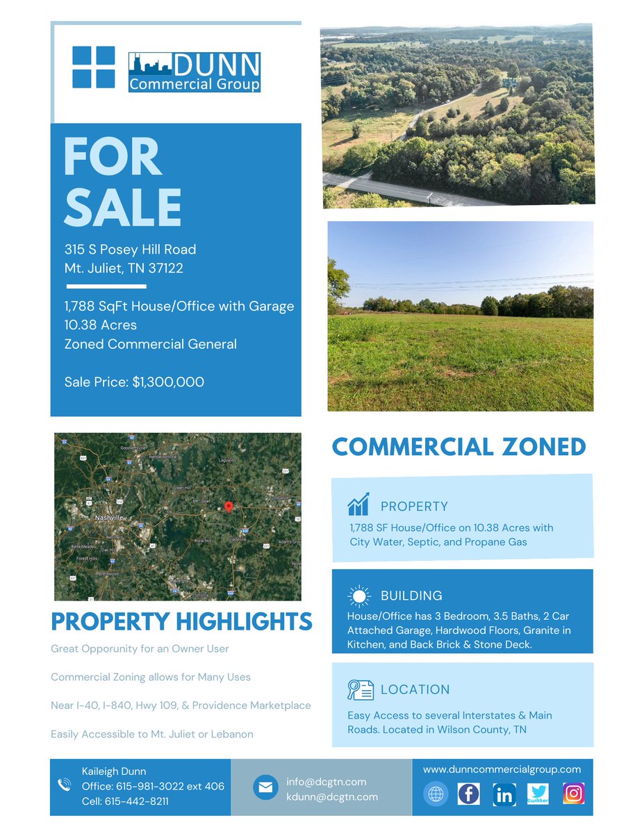 DunnCommGroup's tweet photo. 📣📣📣NEW LISTING!!! Opportunity to own 10.38 Acres with a 1,788 SqFt Office/House that is Zoned Commercial General in Mt. Juliet, TN! Contact Dunn Commercial Group for more info. 🤩

#DCGCommittedToCommunity #NashvilleCRE #CommercialRealEstate https://t.co/HYCrCUzjr9