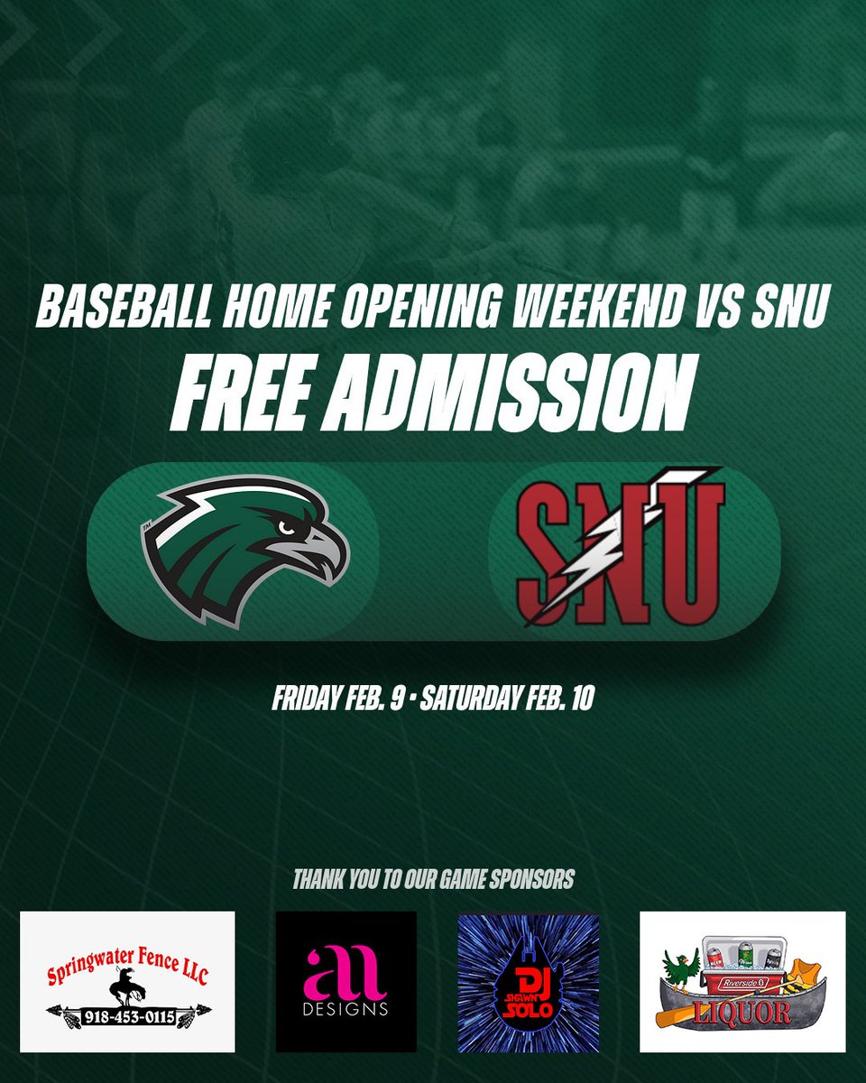 💚⚾️OPENING WEEKEND⚾️💚

Join us at Rousey Field this Friday &amp; Saturday when we host SNU for our 2024 season home opener. Thanks to our sponsors for providing free admission this weekend!

#TeamNSU | #LetItFly