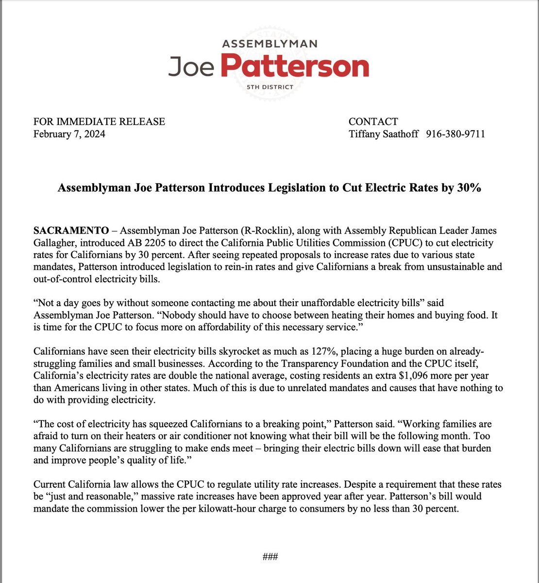 Today I introduced AB 2205 which directs the PUC to reduce electricity prices by 30%. Electric prices in California are unaffordable. People should not have to decide between putting food on the table and paying their utility bills.