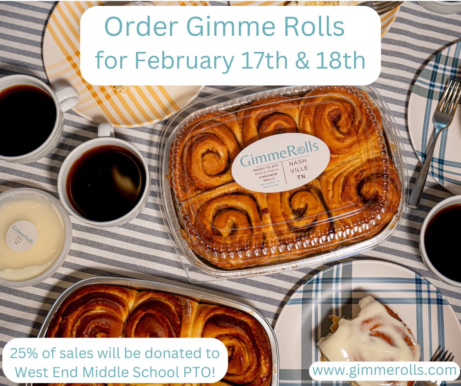What a tasty way to support your neighborhood school. Gimme rolls is taking orders for next weekend - and 25% of all sales go to West End. Orders will be delivered right to your door. gimmerolls.com/order