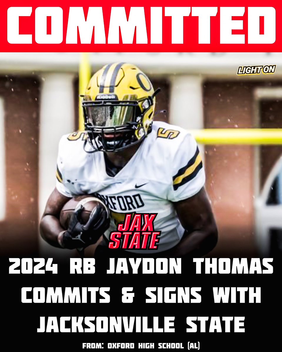 2024 RB Jaydon Thomas has committed &amp; signed with Jacksonville State, per @ThomasAshworth0 . 🐓🔥

🏫: Oxford High School (AL)

#EarnSuccess <a href="/JaydonnThomaS/">jaydon thomas</a>