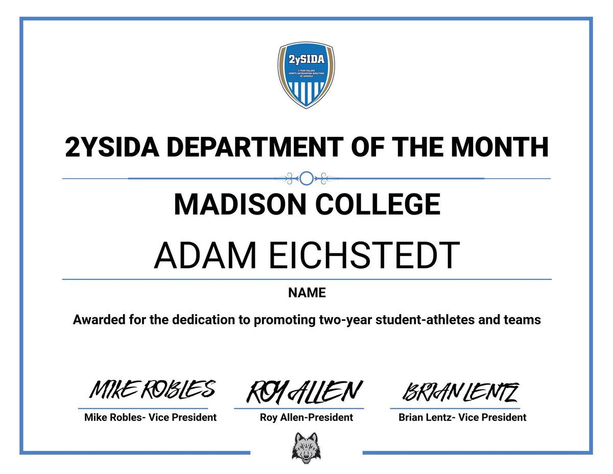CollSportsComm's tweet image. Congrats to CSC member @AdamEichstedt, @MadisonCollege @madisonwolfpack athletic communications/marketing coordinator (&amp;amp; asst golf coach), who earns the Jan. @2YSIDA_CSC SID Department of the Month honor. Great work, Adam! Thx to Madison for yr CSC All-In Membership, too! @NJCAA
