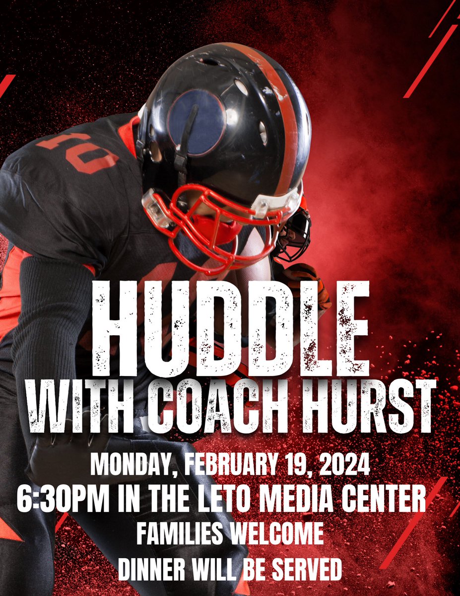 All Leto athletes interested in playing football this Spring/Fall should plan to attend with their families! Dinner will be served, and <a href="/johnmhurst/">John Hurst</a> will be present to discuss the future of @AP_LetoFootball. ❤️💛🤍 <a href="/APLetoHigh/">Leto High School</a>