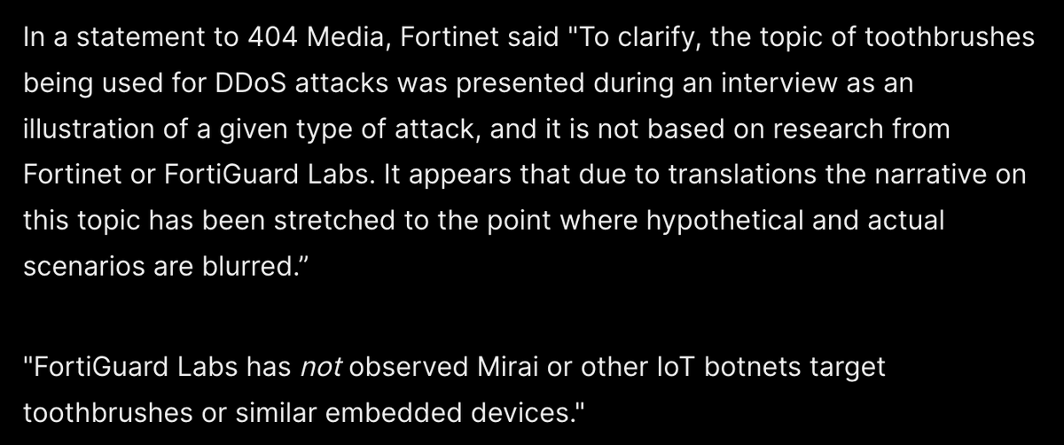 New: I've confirmed that the viral story where 3 million smart toothbrushes were hijacked and formed a DDoSing botnet didn't happen, isn't real: 

404media.co/the-viral-toot…