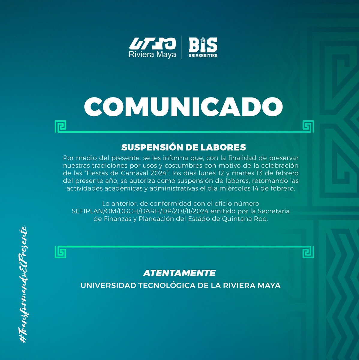 ¡Comunicado UTRM!
#SomosBIS
#TransformandoElPresente