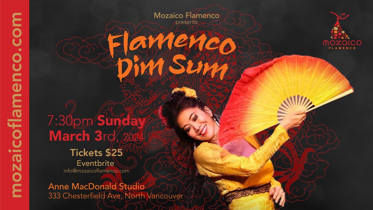 MozaicoFlamenco's tweet image. Tickets available to "Flamenco Dim Sum" featuring @KasandraLaChina with guitarist Jake Lee "Chinito", cello/cante "La Sirena", Mozaico dancers, Peter Mole guitarist.  About 40 tickets left #eventbrite!