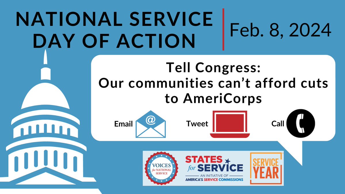 After 30 years of critical service, @AmeriCorps is in jeopardy of shrinking by at least 30%. 

Join @Voices4Service, @states4service, and @ServiceYear on 2/8 for a virtual day of action to call or email your lawmakers and ask them to #Stand4Service!