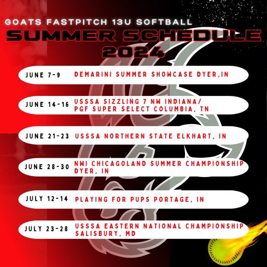 NWIgoatsFP's tweet photo. Catch the GOATS on the 💎 with our 24’  schedule! Check back for updates and 🐐 🥎 content #travelsoftball #indianasoftball #PGF #USSA #midwest #softball #fastpitchsoftball #13u #grinddontstop #wetheones https://t.co/ucX18gDiFS