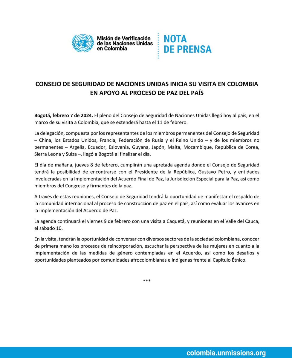 🔵 #Atención | El pleno del Consejo de Seguridad de las Naciones Unidas inicia su visita en Colombia en apoyo al proceso de paz del país. 👉 bit.ly/3SR0n0v #UNSCInColombia