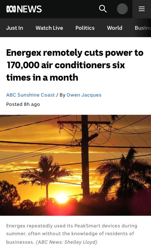 How's this for the biggest air con of the summer? Queensland's state-owned power grid reached into people's homes 6 times and turned down 170,000 air conditioners. It's called PeakSmart limiting and they don't tell you when they've cut your cooling — instead they tell…